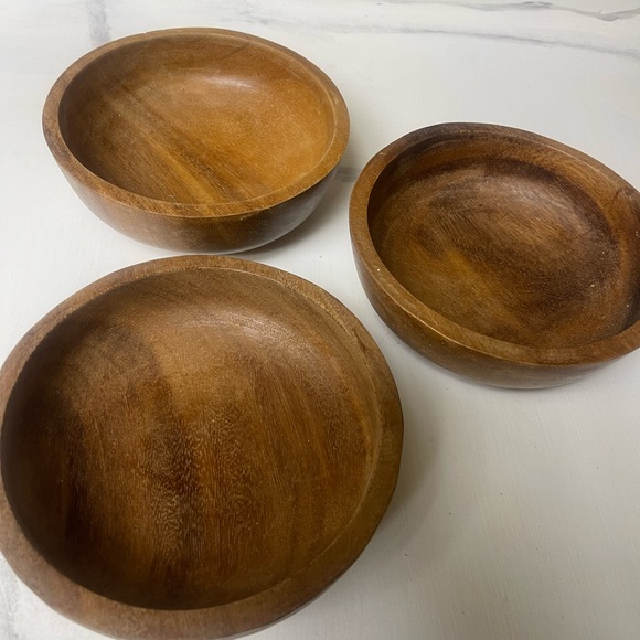 Vintage Raw Teak Wood Trio Of Decorative Wooden Bowls - Picture 17 of 17